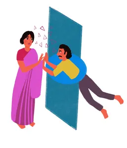 A sombre figure reaching out their parent