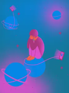 sad figure staring out at the night sky.
